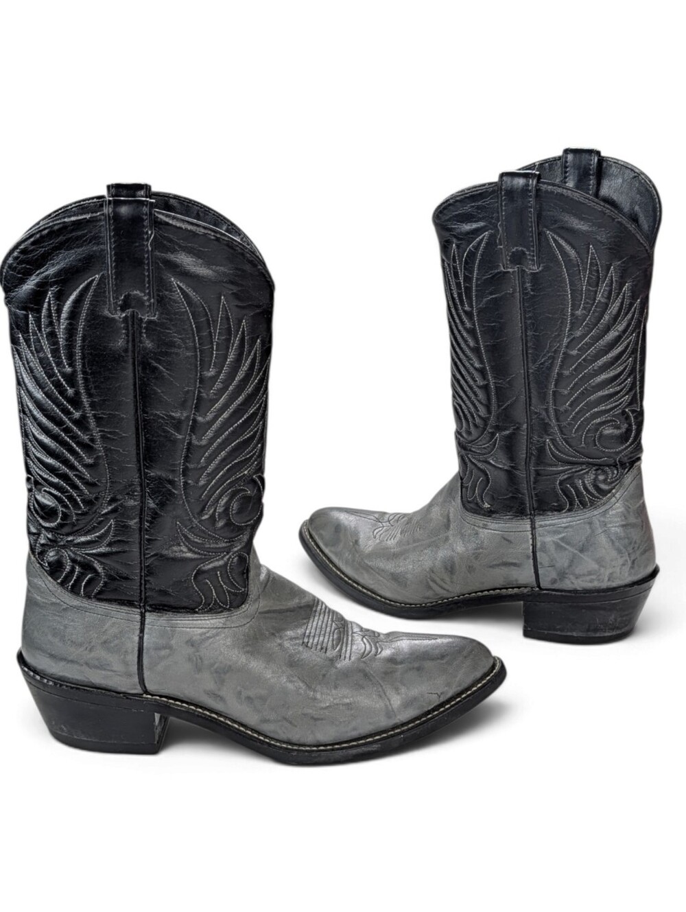 Vintage Cowboy Boots Mens 10.5 D Gray Black Leather USA Made Western Two Tone